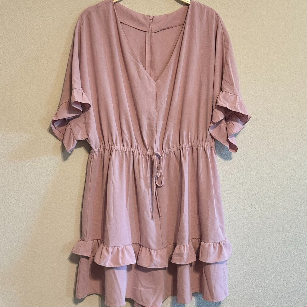 Pink V Neck Ruffle Drawstring Waisted Shorts Romper
